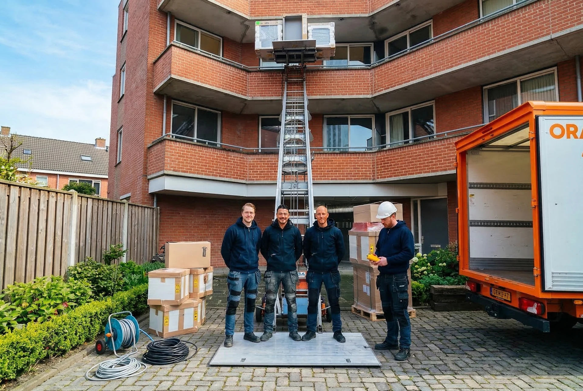 GEDA-lift bij verhuizing in smalle straat Hoofddorp